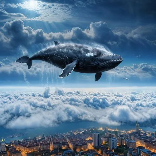 a flying dolphin in air,whales,blue whale,photo manipulation,pot whale,baleine,whale,photoshop manipulation,humpback whale,airships,ballenas,dolphin background,whalin,giant dolphin,airship,photomanipulation,humpbacks,dirigible,whalemeat,little whale,Photography,General,Realistic