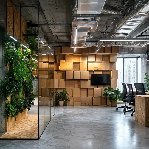 an office that has a television, desk, and chair and plants in it,pyriform,iframe,bureaux,creative office,promontorium,working space