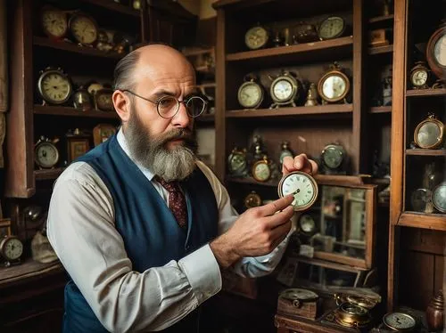 Mr Capgras, middle-aged, balding, thick beard, glasses, formal suit, tie, holding a small mirror, surprised expression, second-hand store, vintage furniture, old clocks, dusty decorations, wooden shel