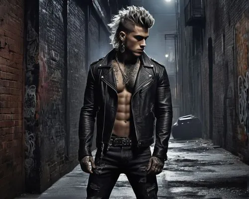 Muscular men, gangsters, rough skin, tattoos, leather jackets, ripped jeans, black boots, silver chains, intense gaze, smoky eyes, messy hair, urban setting, city streets, night scene, dim lighting, a