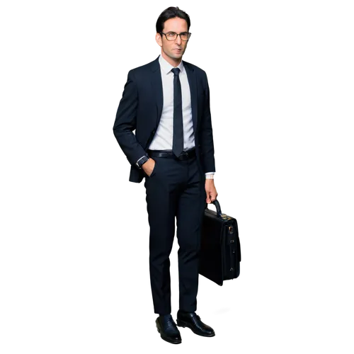 Formal man, businessman, solo, (35yo), stern expression, black hair, glasses, white shirt, black tie, black suit, leather shoes, holding briefcase, standing, realistic, softbox lighting, 3/4 compositi