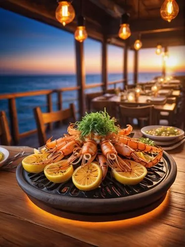 Cozy seafood restaurant, warm lighting, wooden tables, nautical decorations, delicious grilled squid dish, steaming hot plate, savory aroma, chef's special sauce, sizzling sound effects, mouth-waterin