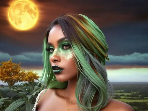 nude Beautiful nigerian girl, full dark curly hair, big green almond eyes, full black lips, misty sky,a woman with green hair and black lipstick,derivable,anahata,green aurora,earth chakra,matangi,gre