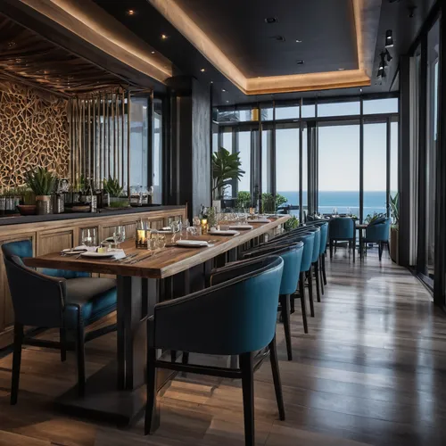 eco-friendly-style (restaurant interior) with restaurant decor and restaurant dining tables and restaurant bar and restaurant chairs and restaurant decor. . . cinematic photo, highly detailed, cinemat