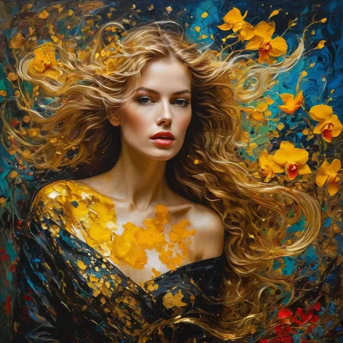 Sfumato and chairoscuro Painting, attractive woman look like Claudia Schiffer age 25, best quality, picking exotic flowers, marigold, orchids, iris, vines, dynamic engagement, rich textures, modern-cl