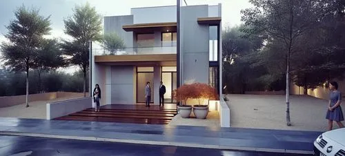 DISEÑO EXTERIOR DE UNA RESIDENCIA  ESTILO MINIMALISTA, CON MUROS CON CANTERA GRIS, EN COMBINACION CON MUROS DE COLOR BLANCO Y GRIS,VENTANAS DE ALUMNIO CON CRSITAL, PLANO CINEMATOGRAFICO, CORRECCION DE