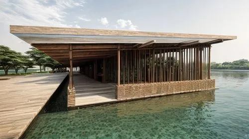 bamboo, aquarium and fish,stilt house,house by the water,floating huts,asian architecture,timber house,teak bridge,house with lake,archidaily,wooden house,japanese architecture,pool house,summer house