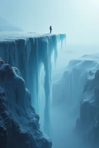 北極冰山斷崖,有一條細長的瀑布,斷崖上站著渺小的人,a man stands at the edge of an ice - covered cliff,icefalls,icefall,ice landscape,ice castle,ice wall,ice curtain