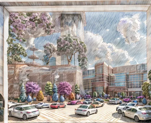 botanical square frame,urban landscape,walt disney center,3d rendering,concept art,croydon facelift,the boulevard arjaan,houston texas apartment complex,central park mall,city scape,urban design,parking lot under construction,inlet place,smart city,urban development,glass facades,landscape plan,spring garden,atlanta,gaylord palms hotel