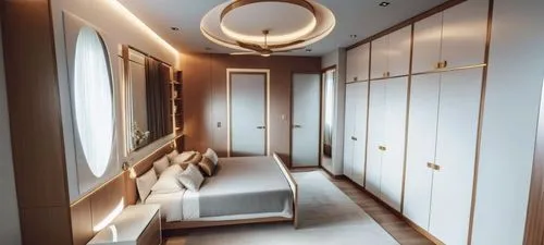 Bedroom with modern interior, decorative modern false ceiling, 4 door wardrobes opposite bed, wall art with lights and the door facing the camera leading into the bathroom and another next to the ward