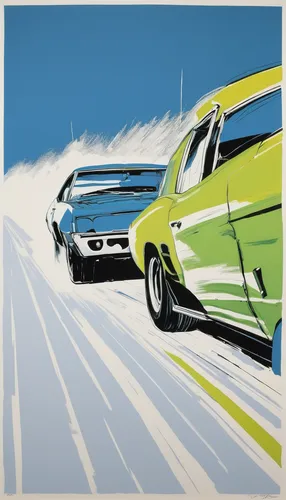 The high key intensity of an adrenaline-fueled chase scene.,ice racing,muscle car cartoon,ski race,skijoring,cool pop art,alpine skiing,edsel pacer,effect pop art,pop art colors,alpine style,car racin