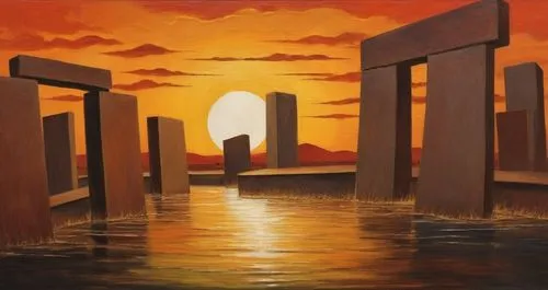 sunset in africa,heaven gate,gateway,egyptian temple,marciulionis,el arco,stone gate,archway,oil painting on canvas,portal,victory gate,henge,portals,luminarias,stone arch,oil on canvas,porta,art pain