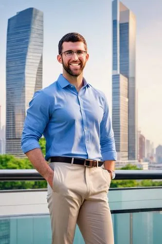 Andrew Luck, male architect, 35yo, bespectacled, short brown hair, casual smile, white dress shirt, dark blue formal pants, black leather belt, black dress shoes, holding a blueprint, standing in fron