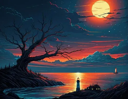 a painting of the sunset at a lighthouse,beautiful wallpaper,lighthouse,lighthouses,moonrise,samsung wallpaper,an island far away landscape,Illustration,Realistic Fantasy,Realistic Fantasy 25