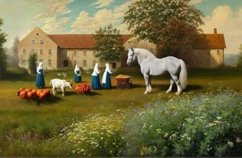 agricultural scene,village scene,man and horses,a white horse,pony farm,pastoral,chevaux,horse and cart,lipizzaners,farm landscape,horse stable,hunting scene,sedlacek,horses,white horse,rural landscape,farmhouse,lachapelle,racehorses,the horse at the fountain