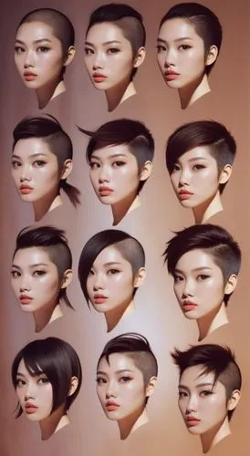 anime. asian woman, head. big eyes, big lips, strong cheekbones and jaw. Short hair. brunette.,Concept of haircut on an Asian brunette woman,necks,kimbro,soejima,chunping,koreana,chunhyang,Illustratio