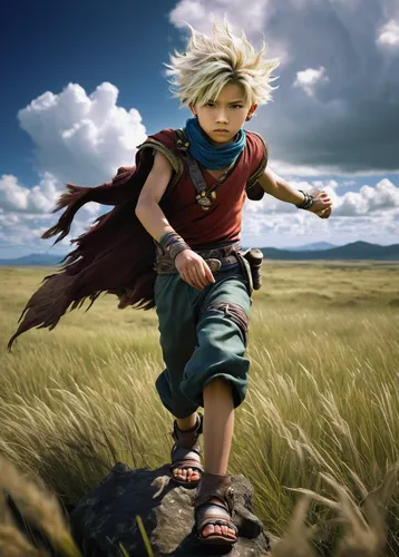 young boy, Gau character from Final Fantasy VI, wild hair, animal skins clothing, barefoot, feral child pose, standing on Veldt grasslands, game-style rendering, vibrant colors, dynamic action pose, c