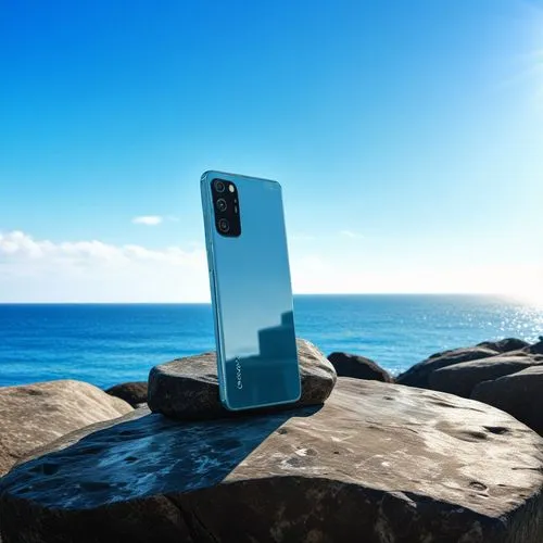 a phone sitting on top of a rock next to the ocean, wide angle exterior 2022, 4 k - n 9, official product image, 8k n 9, 4k press image, 4 k product photo, octa 8k, epic camera, 4k product shot, mooni