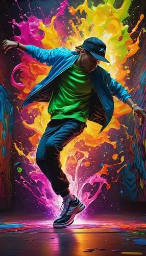 The canvas, a vibrant image of a pulsating rhythm that blends the elements of music and art, is alive with the surreal nature of art. A radiant break dancer dressed in neon-hued attire, clad in a neon