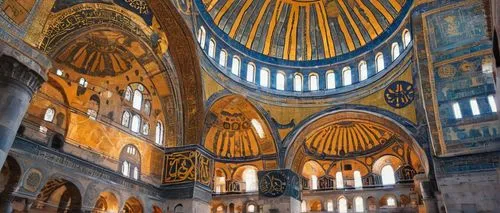 Hagia Sophia, Byzantine architecture, grand dome, intricate mosaics, golden decorations, massive stone columns, ornate arches, Islamic influences, Istanbul, Turkey, morning light, soft shadows, warm c