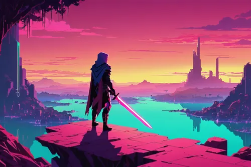 game art,cg artwork,futuristic landscape,wanderer,the wanderer,cyberpunk,neon arrows,dusk background,lightsaber,would a background,dusk,game illustration,horizon,the horizon,sci fiction illustration,80's design,background screen,scifi,pixel art,sci-fi,Illustration,Retro,Retro 21