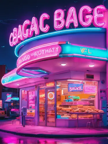 Create a whimsical story about a bagel shop called Chicago Bagel Authority.,retro diner,e-gas station,baguettes,bagels,gas-station,gas station,fast food restaurant,bagel,electric gas station,baggage,n