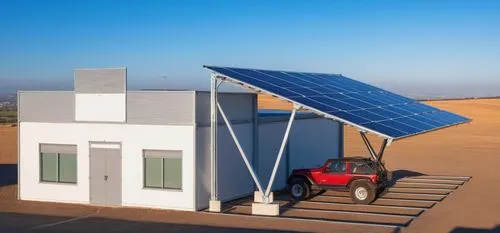 estacionamiento con techo de paneles solares, estructura de metal,  preferentemente en un dia soleado, el suelo puede ser de tierra
,the small shed is equipped with a small red truck,solar power plant