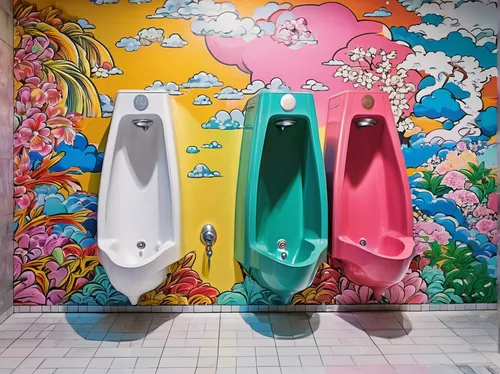 Describe a unique and artistic urinal in a trendy art gallery restroom.,urinal,toilets,pedalos,public restroom,scooters,restroom,soap dispenser,wash hands,washroom,feminine hygiene,toilet,bathroom acc