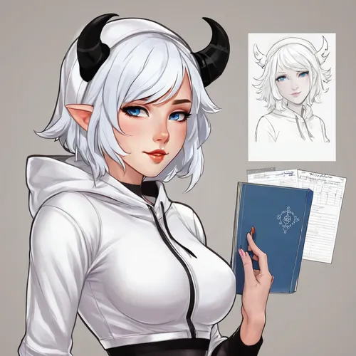 violet head elf,male elf,taurus,mezzelune,oracle girl,whitey,dark elf,elf,commissions,index cards,gara,female nurse,horned,coloring,white clothing,imp,venera,horns,mara,ferry,Illustration,Japanese style,Japanese Style 07