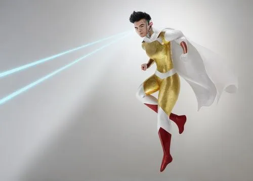 a super hero with a glistening superhero suit is using golden heat vision,celebration cape,sprint woman,laser sword,visual effect lighting,digital compositing,speed of light,fashion vector,tracer,figu