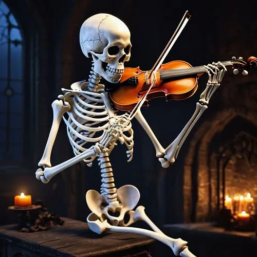 Realistic image of a skeleton playing a violin in a dark, eerie setting, Halloween night.
,a skeleton fiddler is holding his violin in a dark room,violito,violinist,violin player,danse macabre,violini