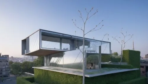 a modern house on a hill side overlooking a city,cubic house,cube stilt houses,cube house,grass roof,greenhut,electrohome,Photography,General,Natural