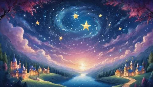 fairy galaxy,starclan,moon and star background,fairy world,fairyland,night stars,Illustration,Realistic Fantasy,Realistic Fantasy 02