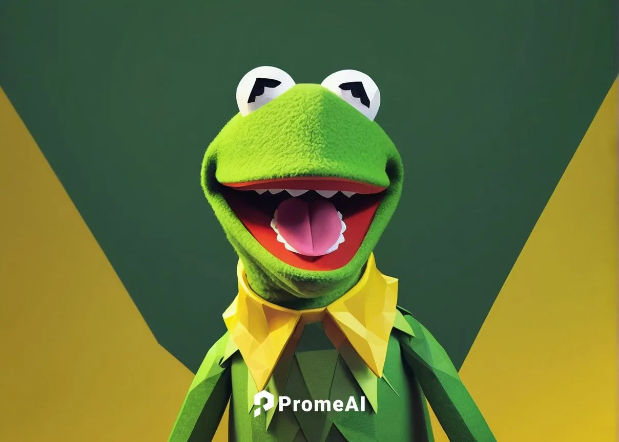 Kermit, Muppet character, screaming, open mouth, sharp teeth, green skin, bulging eyes, wild hair, yellow collar, felt texture, bright lighting, close-up shot, facial expression, emotional outburst, c