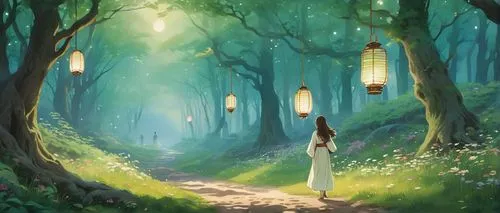 lanterns,fairy lanterns,forest of dreams,forest path,fairy forest,enchanted forest,bamboo forest,fireflies,pathway,angel lanterns,the mystical path,studio ghibli,fantasy picture,lantern,green forest,forest background,forest walk,world digital painting,fairytale forest,night-blooming jasmine,Photography,Documentary Photography,Documentary Photography 31