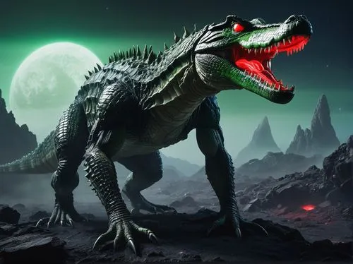 Alien crocodile, green scaly skin, sharp teeth, glowing red eyes, muscular legs, long tail, standing on rocky planet surface, misty atmosphere, distant stars, spaceship wreckage in background, 3/4 com