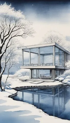 winter house,mies,bunshaft,snow house,neutra,snowhotel,snow landscape,cubic house,winter background,snow roof,winter landscape,house with lake,sketchup,summer house,houseboat,inverted cottage,eichler,mid century house,dreamhouse,house by the water,Illustration,Paper based,Paper Based 30