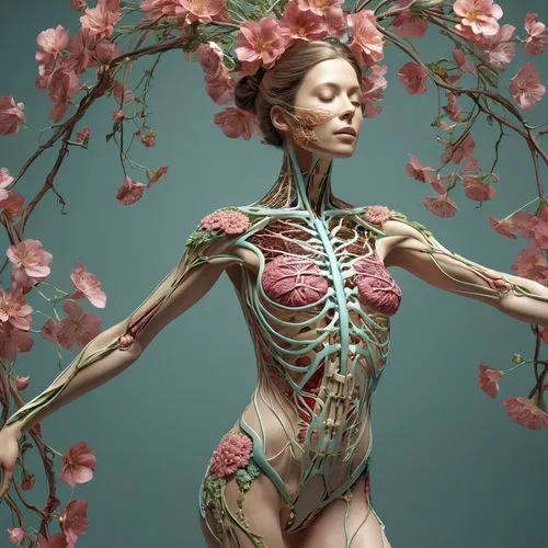 3d woman in flowers with human and flower shaped branches, in the style of medical imaging film. , sebastian errazuriz, detailed anatomy, intricate color illustrations, michael eastman, rtx on, ballet