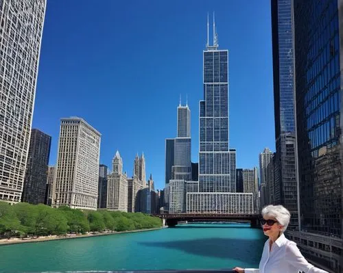 Chicago Architecture Center River Cruise, daytime, sunny weather, clear blue sky, aboard Chicago's First Lady cruise ship, mature lady tour guide, short grey hair, elegant red lipstick, pearl necklace