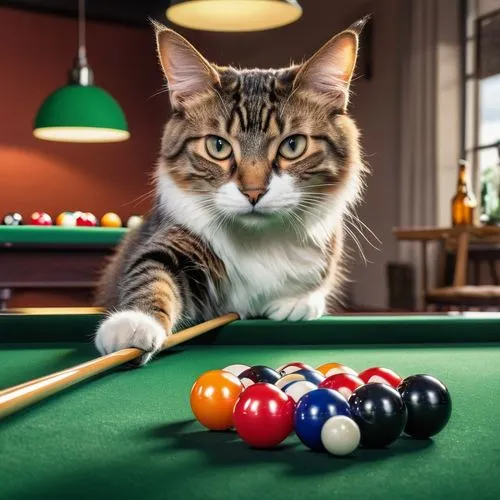 snooker,pool player,billiard,billiards,pocket billiards,english billiards,billiard ball,nine-ball,carom billiards,eight-ball,bar billiards,billiard table,toyger,maincoon,american shorthair,blackball (pool),american bobtail,poker,cats playing,billiard room,Photography,General,Realistic