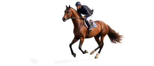 Racing horse, galloping, energetic, muscular body, shiny brown coat, flowing mane, white blaze on forehead, saddled, jockey riding, dynamic pose, morning sunlight, soft focus background, 3/4 compositi