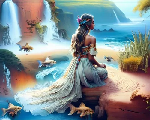 an image of a woman that is sitting on a rock,mermaid background,fantasy picture,amphitrite,oshun,fantasy art,nereids,Illustration,Realistic Fantasy,Realistic Fantasy 15