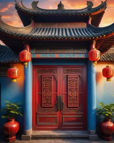 asian architecture,blue doors,qibao,oriental lantern,victory gate,blue door,oriental,hall of supreme harmony,shuozhou,taoist,buddhist temple,chaozhou,taoism,confucian,fengshui,oriental painting,doorways,qingcheng,daoist,wooden door,Illustration,Paper based,Paper Based 03