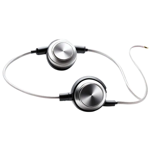 Shiny silver headphone, click button, mp3 player, sleek design, metallic surface, rounded edges, earbuds, tangled cords, fingers holding device, thumb pressing play, morning sunlight, soft focus, shal