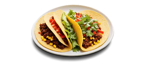 Crunchy taco, transparent background, savory Mexican food, crispy corn tortilla, seasoned ground beef, melted cheese, lettuce, diced tomatoes, sour cream, cilantro, overhead shot, 3/4 composition, war