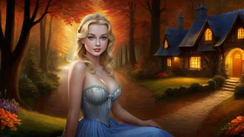 Romantic masterpiece oil painting, cute girl portrait, nostalgic 1950's style kitsch, breathtaking beautiful Autumn woods landscape, mystifying majestic fantasy forest park scenery, hidden medieval co