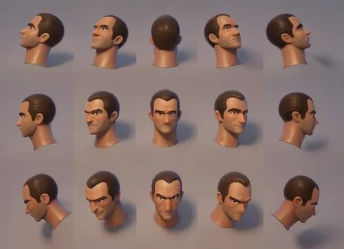 homem 55 anos de cabelos pretos com laterais grisalhos, Brasileiro, Disney pixar, 3d,multiple ss of a man's head and various facial expressions,necks,hair loss,hairlines,turnarounds,3d man,neck,Game&A