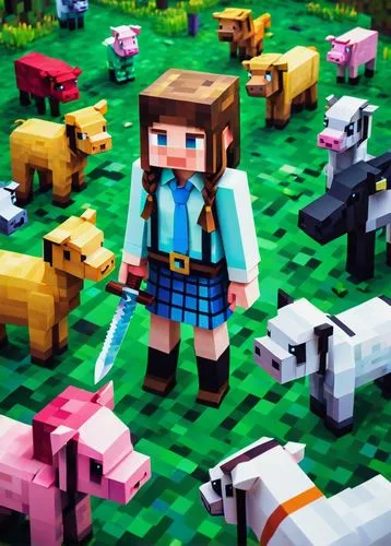 Anime-style girl, Minecraft character, blocky world, vibrant colors, pixelated texture, detailed eyes, long curly brown hair, pink cheeks, white shirt, blue tie, plaid skirt, black leggings, holding d