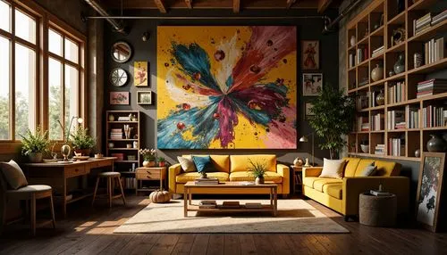 living room,livingroom,sitting room,modern decor,contemporary decor,interior decor,bohemian art,interior design,boho art,loft,abstract painting,apartment lounge,great room,interior decoration,boho art style,modern room,the living room of a photographer,home interior,mid century modern,paintings