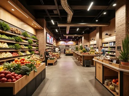 Vibrant grocery store interior, fresh produce stands, wooden crates, wicker baskets, earthy tones, warm beige walls, rich wood accents, pops of bright colors, neon signage, modern LED lighting, sleek 